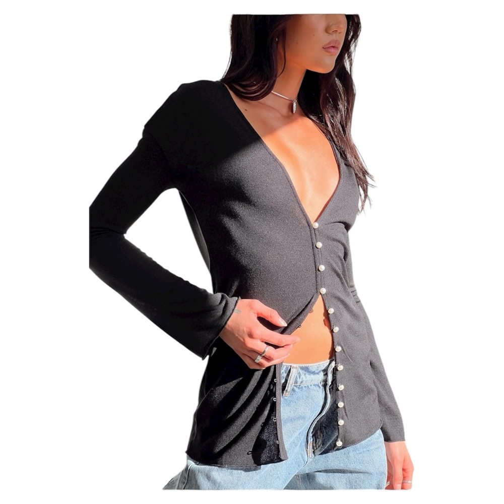 Princess Polly Black Button-Front Ribbed Cardigan